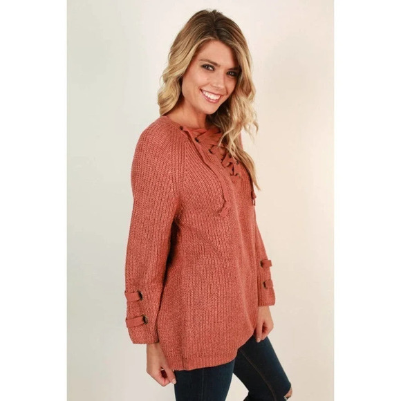 One Star Sugar and Spice Lace Up Sweater in Rustic Rose Size Small Cozy Sweater - Picture 2 of 12